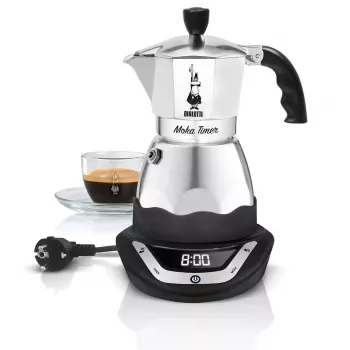 Elektrinis mokos kavos virimo aparatas BIALETTI Moka Timer 3 puodeliams, programuojamas LED ekranas, aliuminio korpusas, ąsotinis rezervuaras