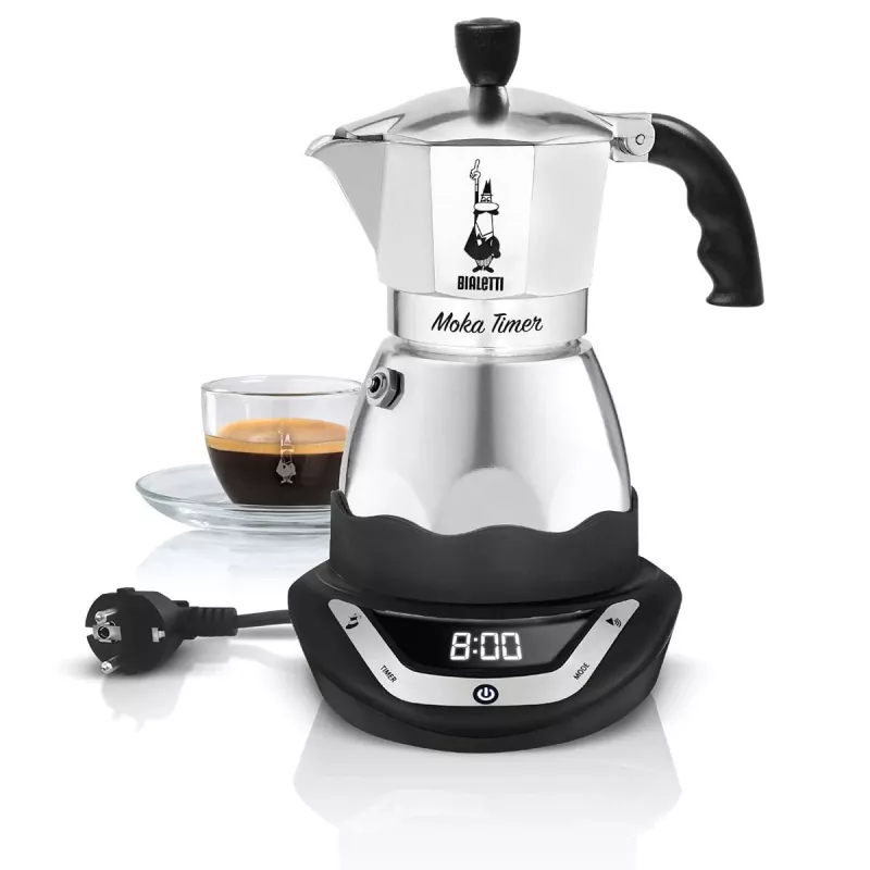 Elektrinis mokos kavos virimo aparatas BIALETTI Moka Timer 3 puodeliams, programuojamas LED ekranas, aliuminio korpusas, ąsotinis rezervuaras