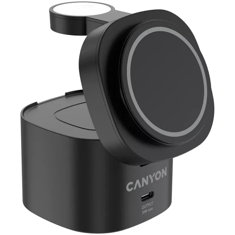 Canyon 4 in 1 belaidžio įkrovimo stovas, 30W maks., 70x70x70.3mm, 414g, su 65W įkrovikliu ir 1M laidu, juodas