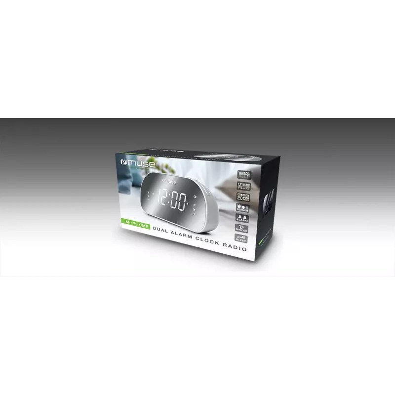 Radijo laikrodis Muse M-170CMR – skaitmeninis radijo laikrodis su 1.2 colio LED ekranu, FM imtuvu, maitinimas 230 V, AAA atsarginė baterija, veidrodinis/baltas