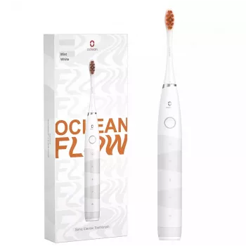 Sonic dantų šepetėlis OCLEAN FLOW suaugusiems – baterijomis maitinamas, balinimo režimas, įmontuotas laikmatis, reguliuojamas greitis, 255 mm aukštis, baltas, 0,13 kg, 1 rankena + 1 antgalis