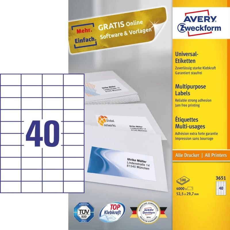 Avery Zweckform 3651 Universalios etiketės 52,5 x 29,7 mm 100 lapų baltos