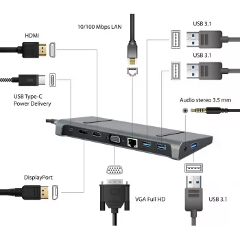 Dokavimo stotelė nešiojamam kompiuteriui Gembird A-CM-COMBO9-02 USB 3.2 Gen 1 Type-C, HDMI, VGA, 3×USB-A, Gigabit Ethernet, 87W PD, Pilka