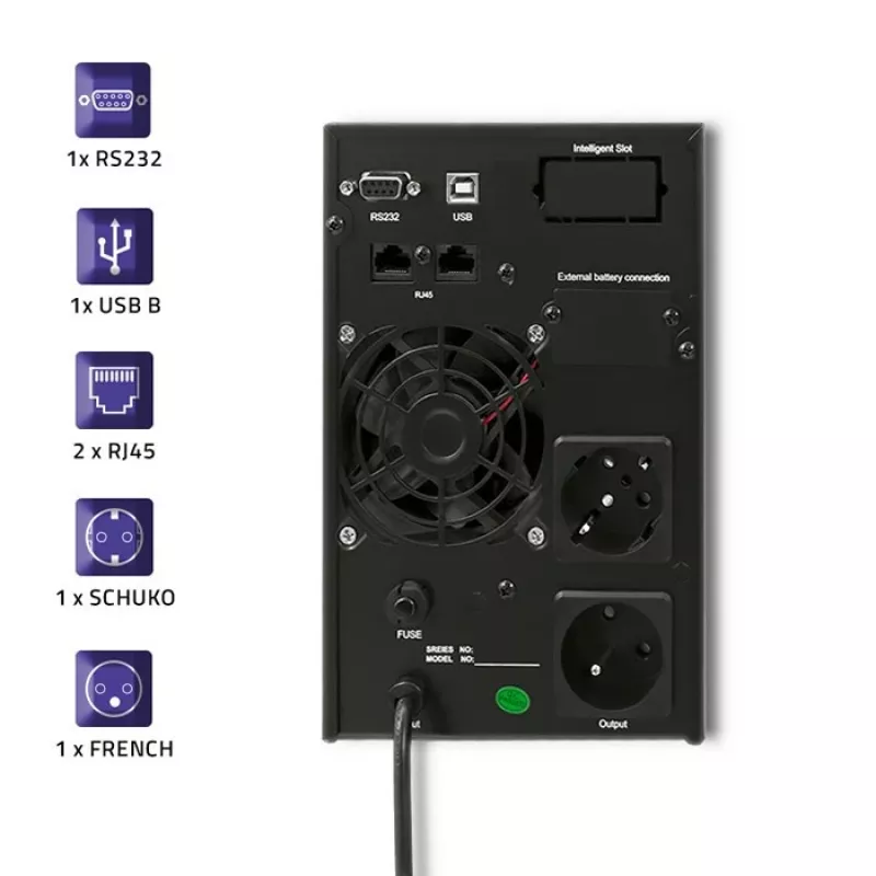 Qoltec 53042 nepertraukiamo maitinimo šaltinis (UPS) Dvigubo keitimo (Online) 1 kVA 800 W 2 AC lizdai