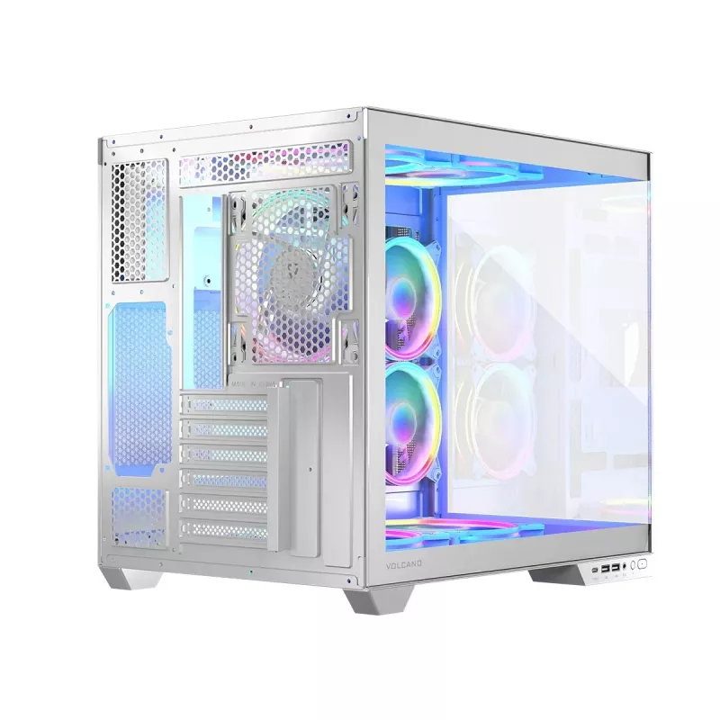 Korpusas MODECOM Volcano Panorama Midi Tower baltas – micro ATX, grūdintas stiklas, ARGB, USB-C, palaiko GPU iki 400 mm