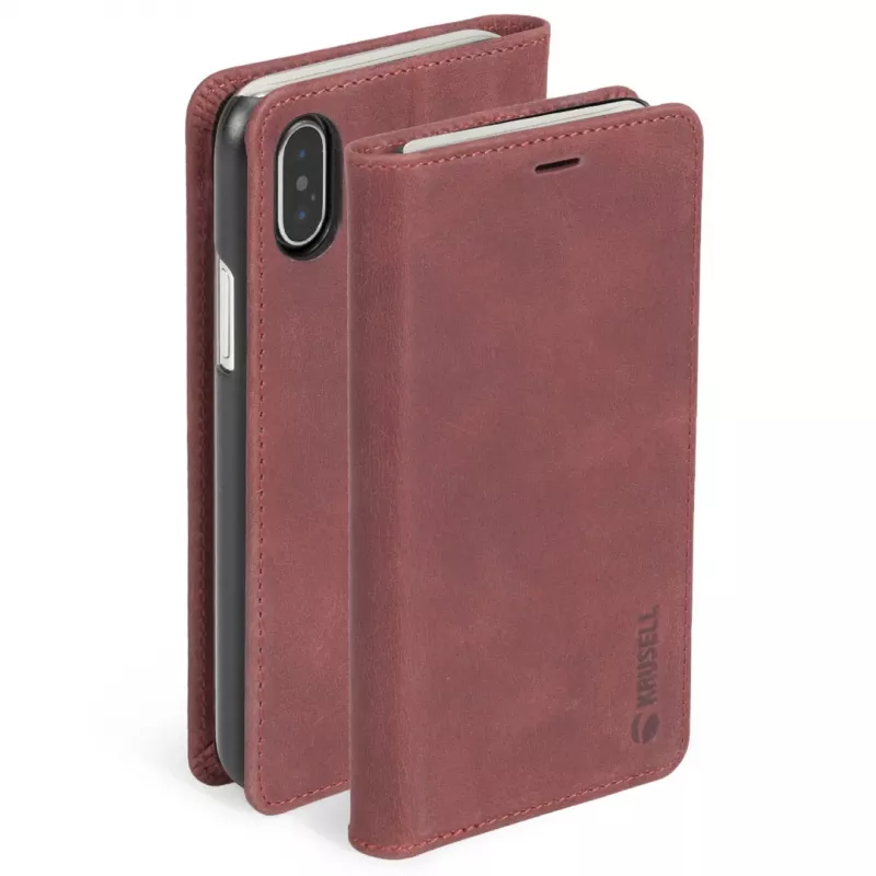 Krusell Sunne 4 Card FolioWallet dėklas iPhone XS Max, raudona, natūrali oda