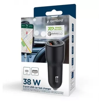Automobilinis įkroviklis Gembird TA-UC-AC2PDQC38-CAR-01, USB-C, 38 W, 12–24 V, juodas
