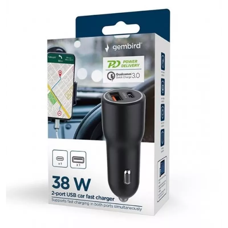 Automobilinis įkroviklis Gembird TA-UC-AC2PDQC38-CAR-01, USB-C, 38 W, 12–24 V, juodas