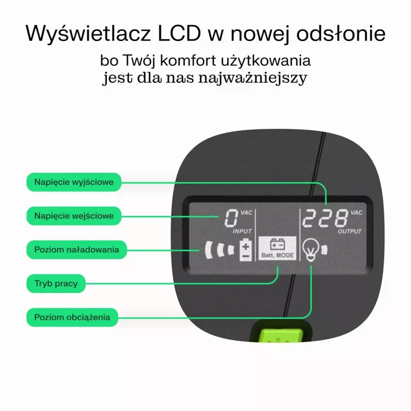 Nepertraukiamo maitinimo šaltinis UPS Line-Interactive 2 kVA 1200 W, Green Cell, 4 AC lizdai, USB, 12 V 9 Ah VRLA (bokštas)