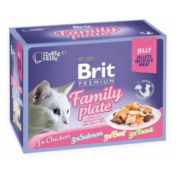 Šlapias kačių ėdalas Brit Premium Family Plate Filė želėje – mišrūs skoniai, 12 x 85 g paketėliai
