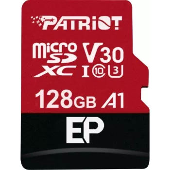 PATRIOT EP 128GB MicroSDXC atminties kortelė, Class 10, U3, V30, A1, skaitymas 100 MB/s, rašymas 80 MB/s