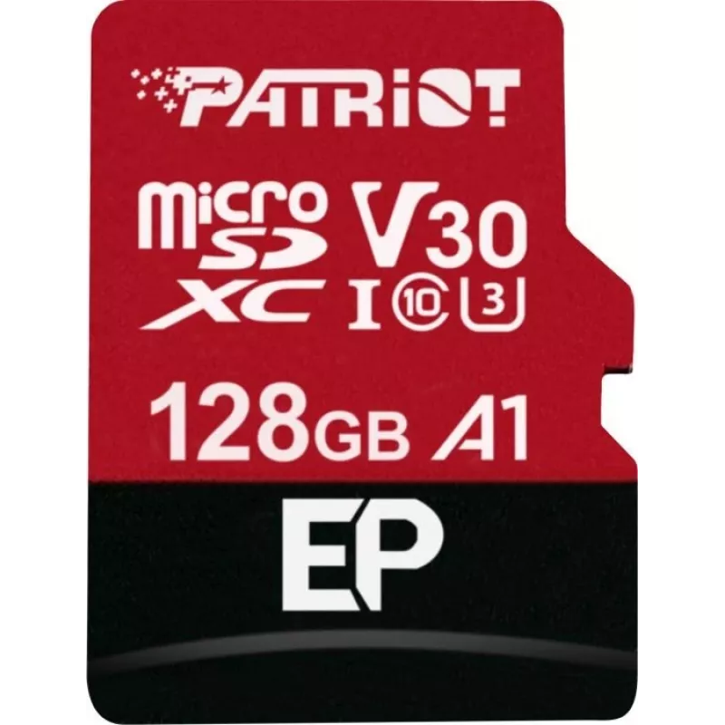 PATRIOT EP 128GB MicroSDXC atminties kortelė, Class 10, U3, V30, A1, skaitymas 100 MB/s, rašymas 80 MB/s
