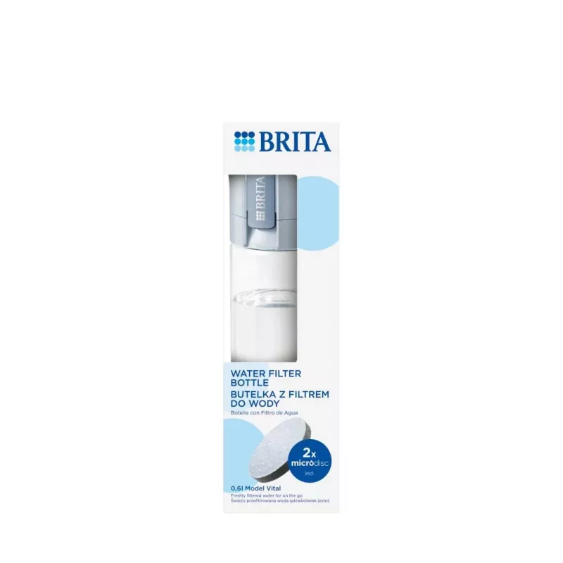 Filtravimo butelis BRITA Vital Pastel Blue 600 ml su 2 MicroDisc filtrais, be BPA, tinkamas plauti indaplovėje