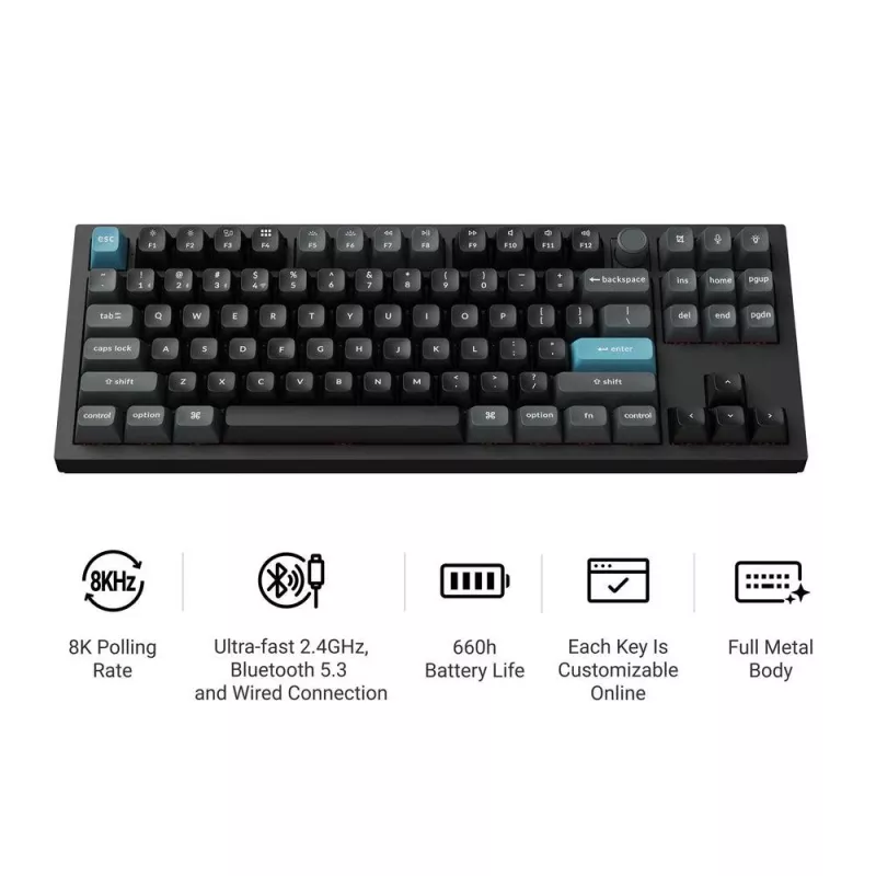 Mechaninė 80% QWERTY klaviatūra Keychron Q3 Ultra 8K — belaidė ir laidinė, RGB foninis apšvietimas, juoda