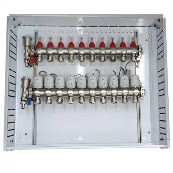 Grindinio šildymo kolektorius, 10 kontūrų, su NC AC230V šiluminėmis pavaromis ir srauto matuokliais