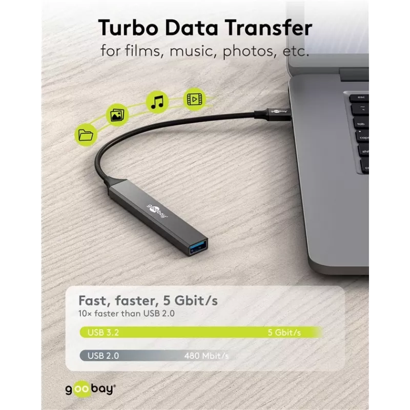 Goobay Slim 4 prievadų USB šakotuvas, USB-C™ į USB-A, USB 3.2 (74457)