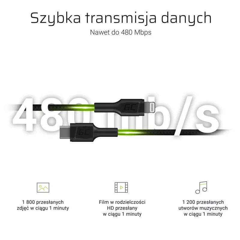 Green Cell PowerStream KABGC07 USB-C į Lightning kabelis, 1 m, PD, Apple MFi, juodas