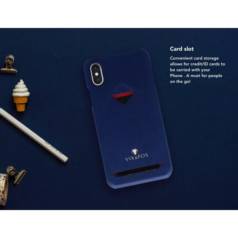 Dėklas su kortelių kišene VixFox iPhone XSMAX, tamsiai mėlynas, nugara su integruota kortelių kišene