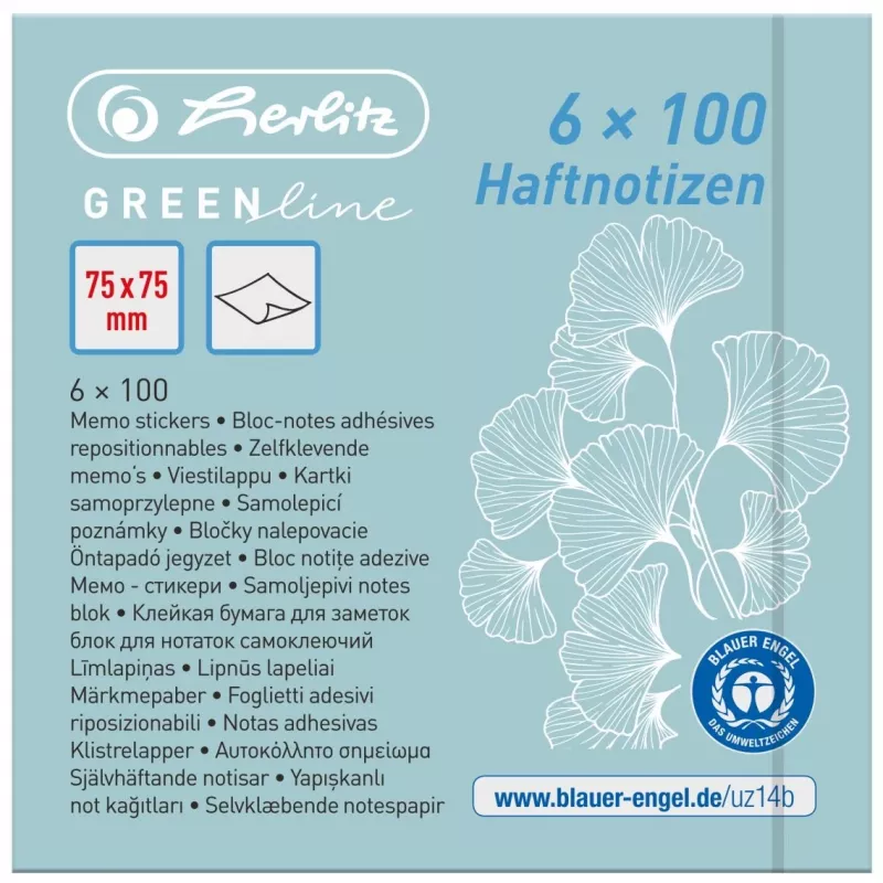Lipnūs bloknotai Herlitz 50033430 stačiakampiai 75x75 mm mėlyni, žali, geltoni (6 pakeliai po 100 lapų)
