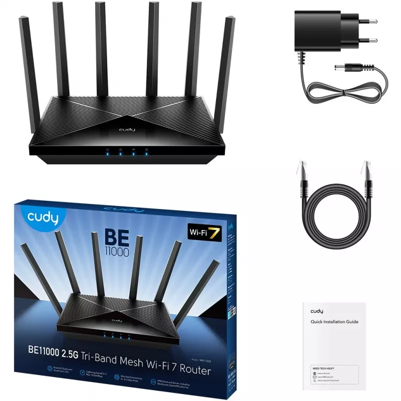 Stalininis maršrutizatorius Cudy WR11000 – tribandinis 2,4/5/6 GHz, Wi‑Fi 7, 4× 2,5 Gigabit LAN, 5765 Mbps 6 GHz juostoje, 512 MB RAM