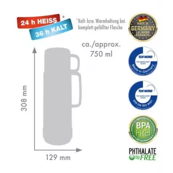 Termosas ROTPUNKT Series 40 0.75 L — dvigubos sienelės polipropilenas, 24 h karštam / 36 h šaltam, baltai geltonas