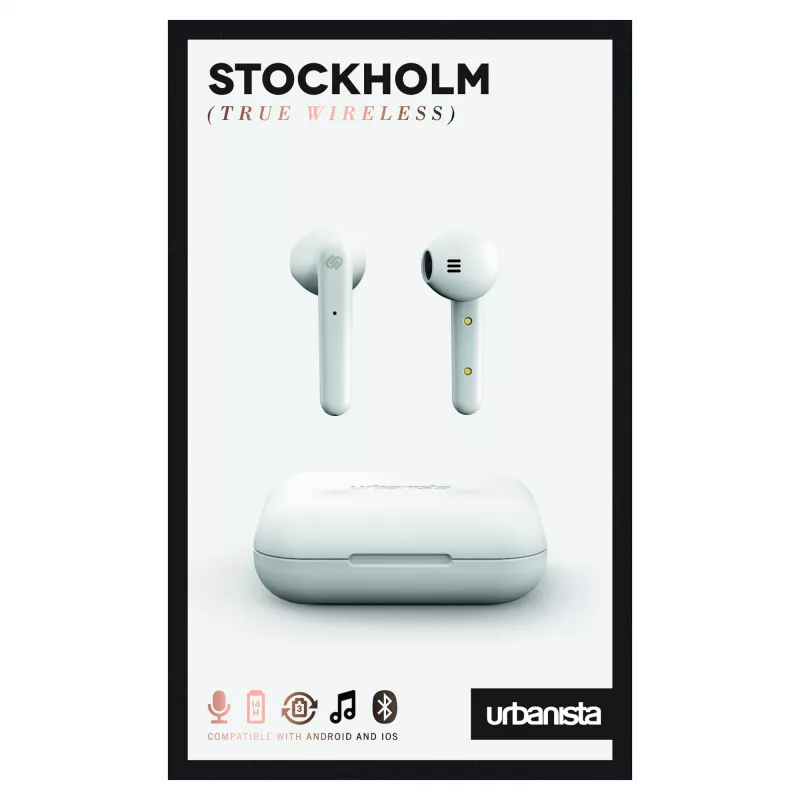 Ausinės URBANISTA Stockholm – Belaidės Bluetooth į ausį skirtos pokalbiams ir muzikai, 10 m diapazonas, Baltos