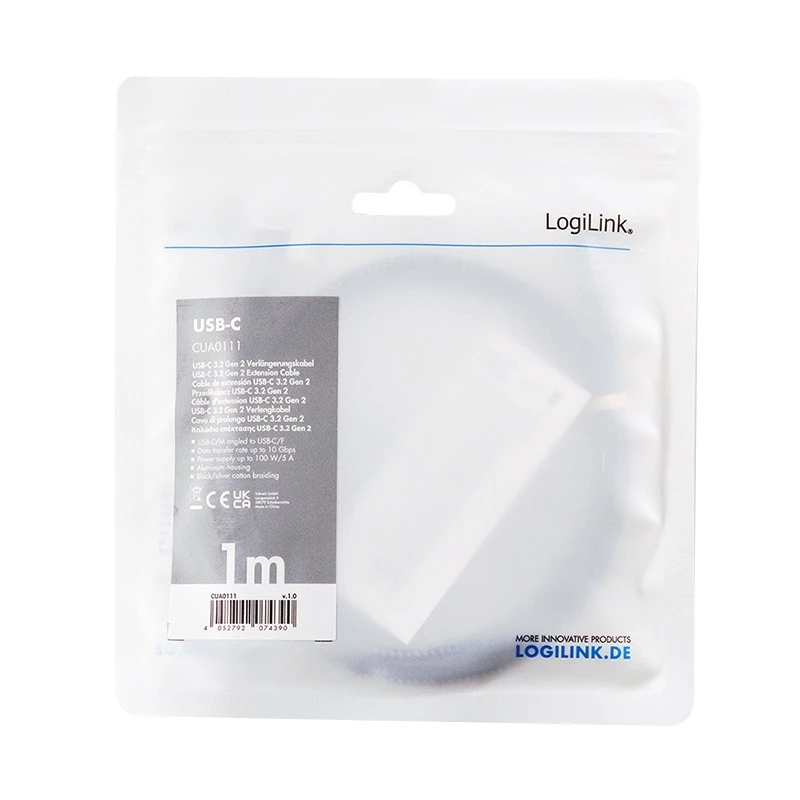 USB 3.2 Gen2 tipo-C prailginimo kabelis su PD, 1 m, 90° kampinis