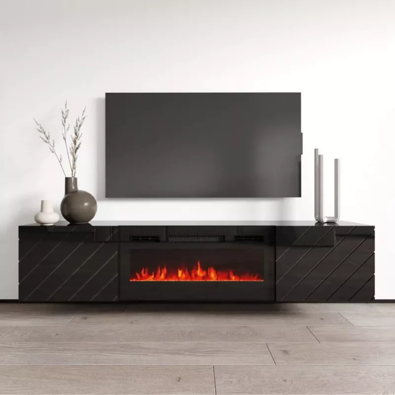 Spintelė TV su elektriniu židiniu cama meble LUXE 301126, 182,6×34,5×37,5 cm, juodos glotnios spalvos