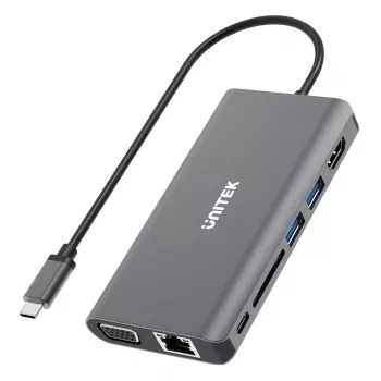 UNITEK uHUB O8+ 8-in-1 USB-C stotelė, pilka, aliuminis, 100W PD