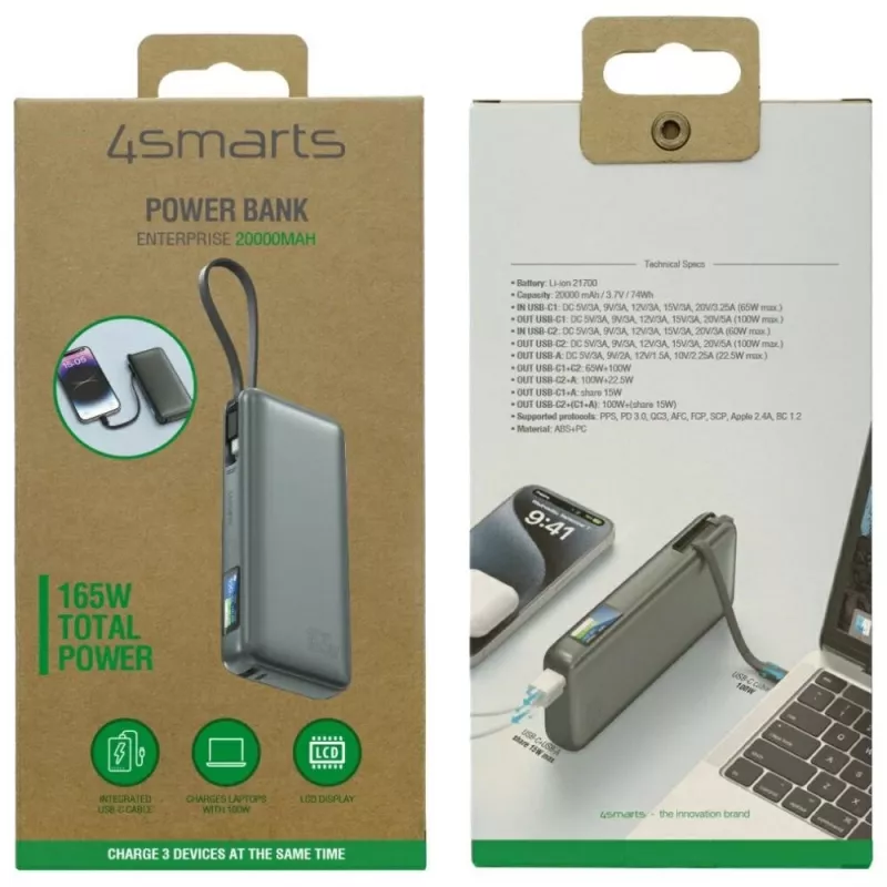Power bank 4smarts 541603 – Li‑Ion 20000 mAh, USB‑C + USB‑A, 165 W bendra galia, 5 A, pilka