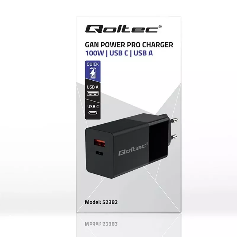 Qoltec 52382 GaN POWER PRO įkroviklis | 1x USB Type-C | 1x USB-A | 100W | 5-20V | 1.5-5A | PD | Juodas