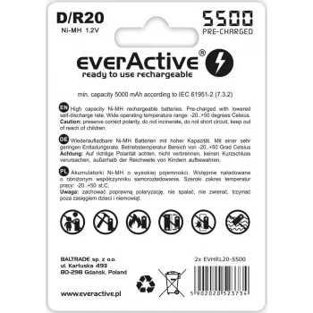 Įkraunama baterija everActive EVHRL20-5500 D NiMH 1,2V 5500mAh, pakuotė po 2 vnt.