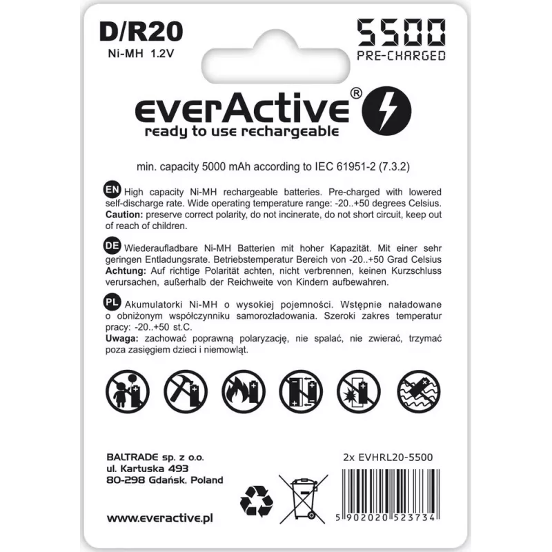 Įkraunama baterija everActive EVHRL20-5500 D NiMH 1,2V 5500mAh, pakuotė po 2 vnt.