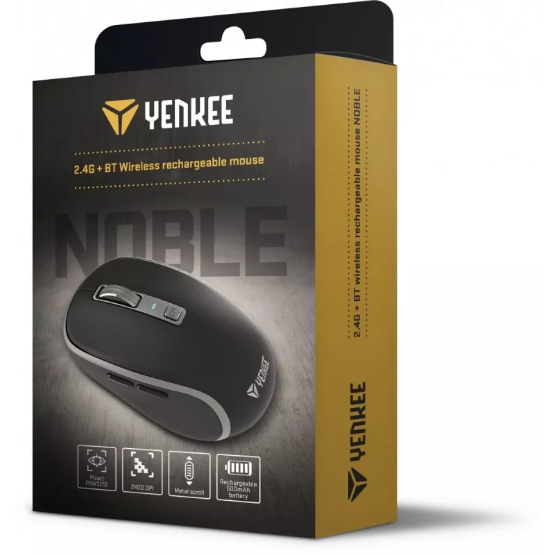 Dvigubas WiFi+Bluetooth belaidė pelė, įkraunama baterija, 5 mygtukai – Yenkee YMS 2085BK NOBLE
