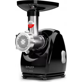 Mėsmalė SMAPP 489.8 — 2000 W, 2.5 kg/min, nerūdijantis plienas, 3 sietai, kompaktiška juoda