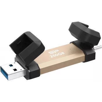 USB atmintukas Silicon Power DS72 250 GB, USB 3.2 Gen 2 Type-A / Type-C, aliuminis/guminis dangtelis, auksinis