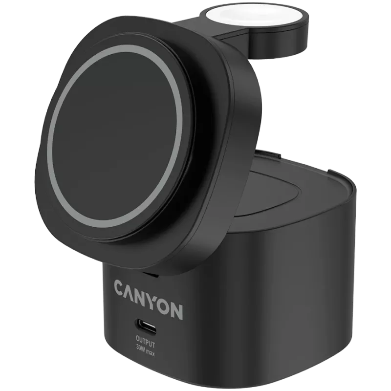 Canyon 4 in 1 belaidžio įkrovimo stovas, 30W maks., 70x70x70.3mm, 414g, su 65W įkrovikliu ir 1M laidu, juodas