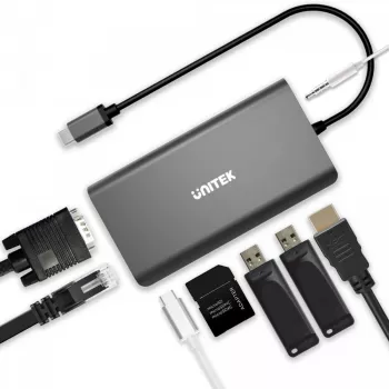 UNITEK uHUB O8+ 8-in-1 USB-C stotelė, pilka, aliuminis, 100W PD