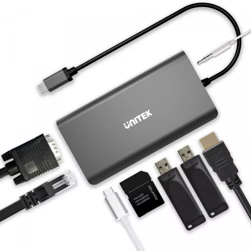 UNITEK uHUB O8+ 8-in-1 USB-C stotelė, pilka, aliuminis, 100W PD
