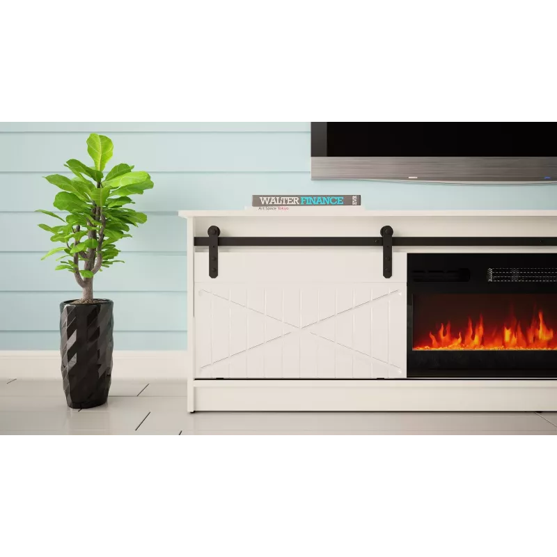 Spintelė televizoriui su elektriniu židiniu Cama Meble GRANERO modelis RTV GRANERO + KOM B/B, 200x56,7x35 cm, balta/blizganti balta, 2 durys, 2 lentynos, MDF/mdrožlė