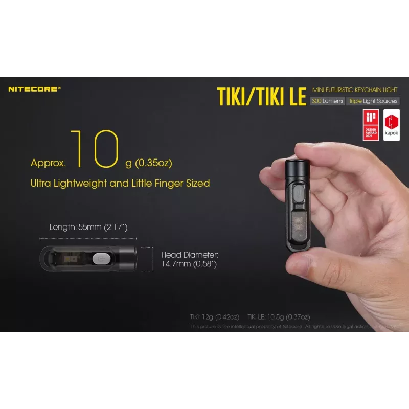 Rankinis žibintuvėlis Nitecore TIKI LE — 300 lm, įkraunamas per USB, polikarbonatas, IP66, atsparus smūgiams, 10,5 g, 55 mm, Juoda