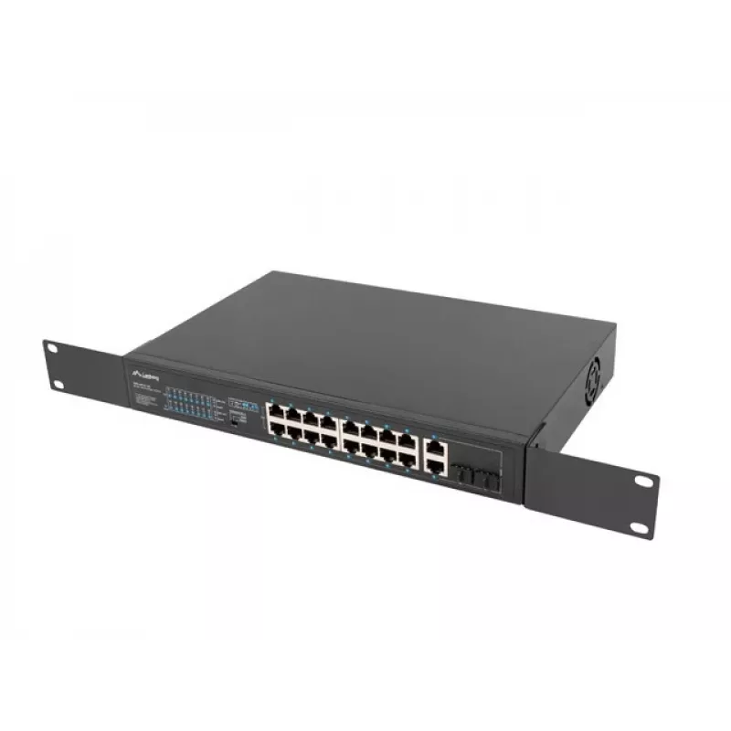 Nevaldomas komutatorius LANBERG RSFE-16P-2C-150 — 18 prievadų Gigabit, 16 PoE+/2 SFP, 150 W bendra galia, 1U stovas, metalinis, juodas