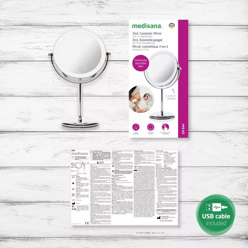 Laisvai pastatomas veidrodis su LED apšvietimu Medisana CM 844, jutiklinis valdymas, 7× didinimas, įmontuota 1000 mAh baterija, reguliuojama trijų spalvų šviesa