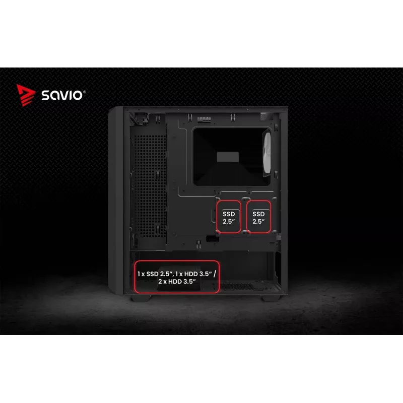 PC korpusas SAVIO Noctis Glass RGB – juodas, ATX/Micro-ATX, 210×410×450 mm, 3×120 mm priekiniai ventiliatoriai