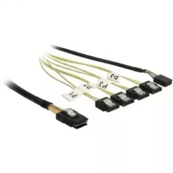 Vidinis Mini SAS į 4×SATA kabelis DELOCK 0.5 m — Mini SAS SFF-8087 į 4×SATA 7p, juoda/sidabrinė/geltona