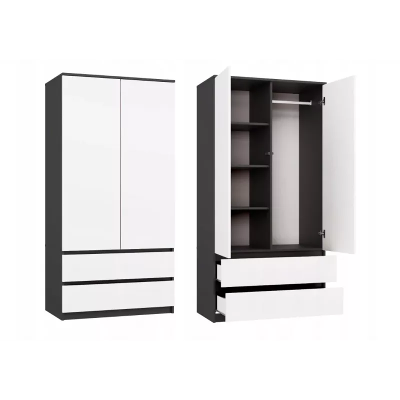 Spinta MALWA SS-90, 90×180×50 cm, antracitinis rėmas, balti varstomi durys, 2 stalčiai, laminatas 16 mm