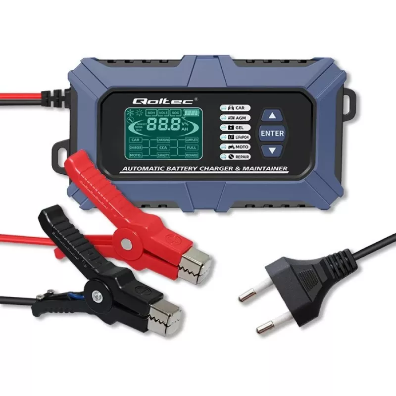 Qoltec Smart Microprocesorinis Baterijų Įkroviklis su Baterijų Testeriu ir 12V Atkūrimo Funkcija | 6A | LCD | Baterijų įkroviklis AGM LiFePO4 GEL akumuliatoriams
