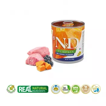 Šlapias šunų ėdalas Farmina N&D Lamb Pumpkin Blueberry Adult 285 g skardinė, pilnavertis suaugusių šunų receptas, 75% drėgmės, 11% baltymų, 7% riebalų