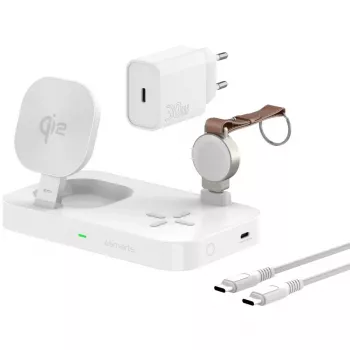 Belaidė įkrovimo stotelė 4smarts 540994 3-in-1 Qi2 MagSafe iPhone Apple Watch TWS 12V 25W balta
