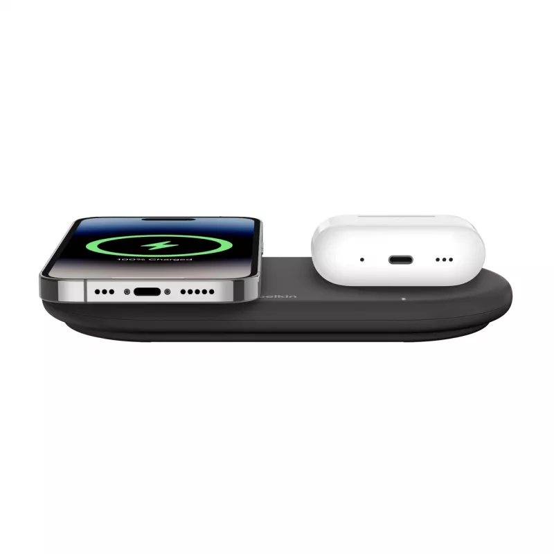 Belkin WIZ021VFBK - 2-in-1 belaidžio įkrovimo stotelė su Qi2 technologija 15 W, juoda